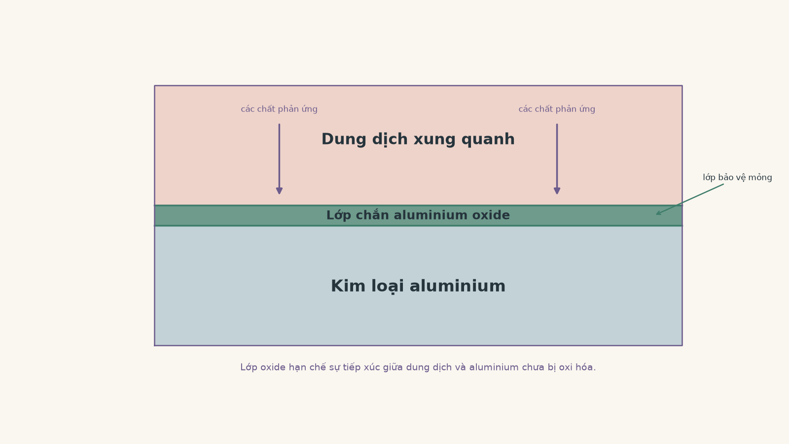Mặt cắt cho thấy kim loại aluminium nằm bên dưới một lớp aluminium oxide mỏng, với dung dịch xung quanh ở phía trên lớp chắn oxide bảo vệ.