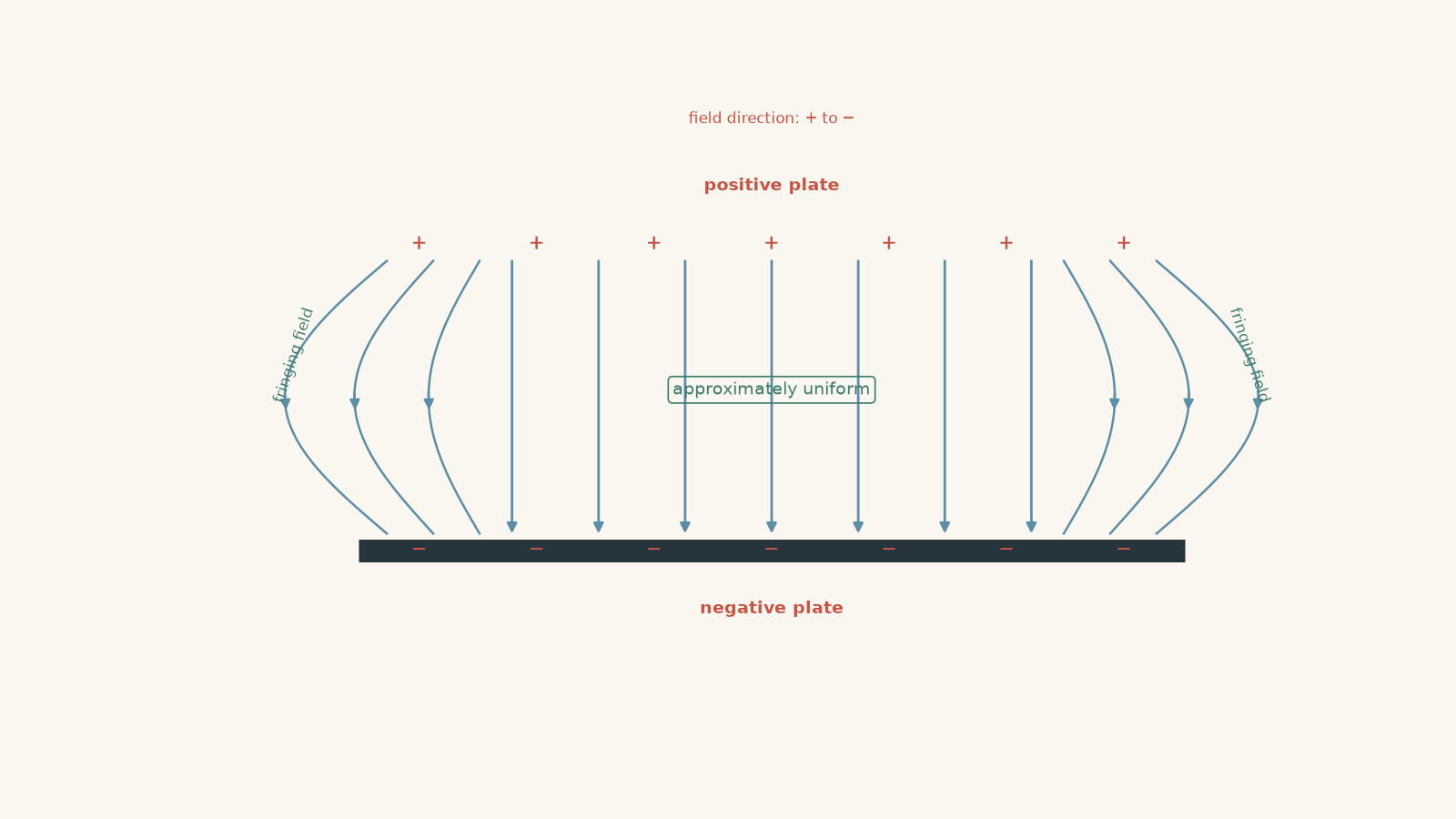 Cross-section of finite parallel conducting plates with a positive upper plate and negative lower plate. Straight, evenly spaced downward field lines fill the approximately uniform central region, while curved downward field lines bow outward near both edges to show fringing.