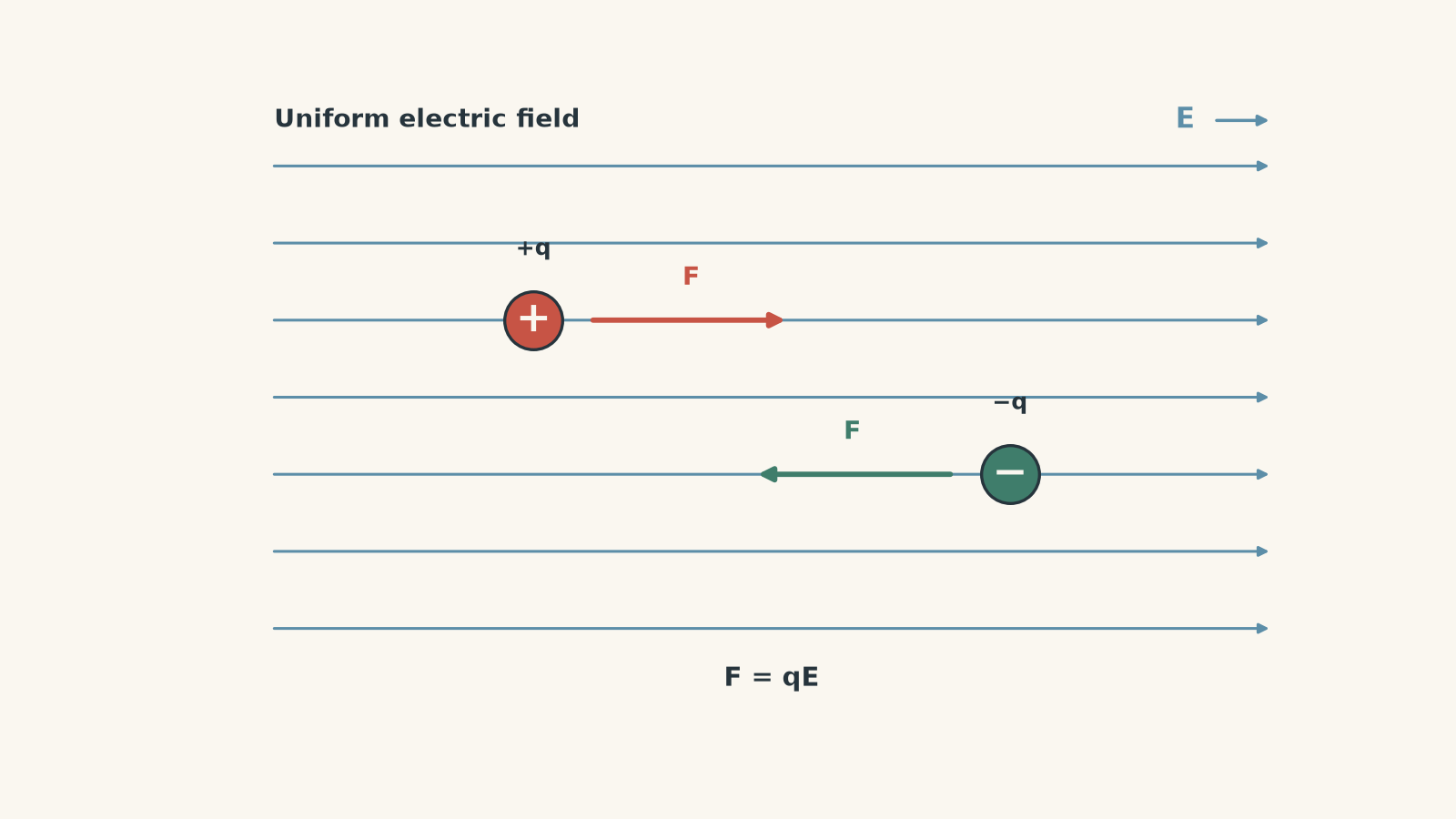 Uniform electric field represented by parallel rightward arrows. A positive charge has a force to the right, while a negative charge has a force to the left.