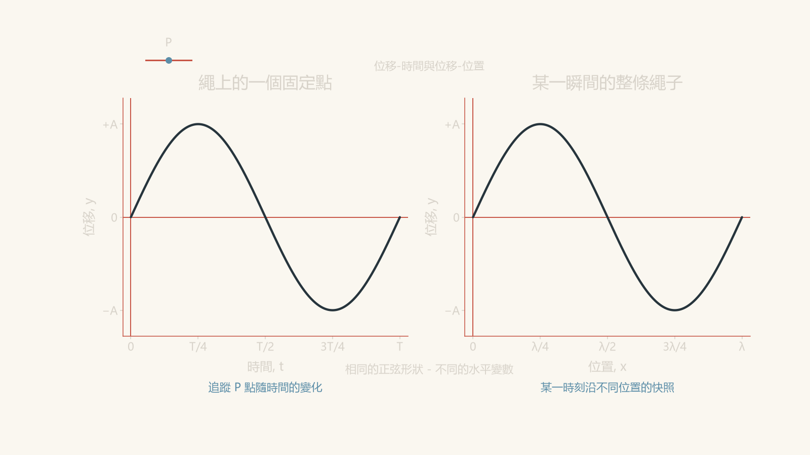 Side-by-side sinusoidal graphs with the same shape: displacement y versus time t for one fixed rope point P, and displacement y versus position x for a snapshot of the whole rope.
