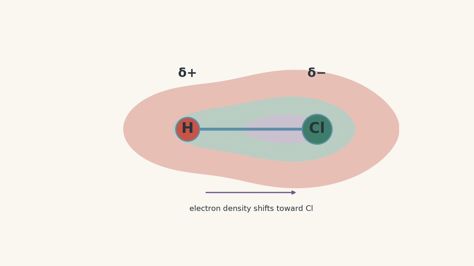 H–Cl polar covalent bond with electron density concentrated toward chlorine; hydrogen is labelled δ+ and chlorine δ−.