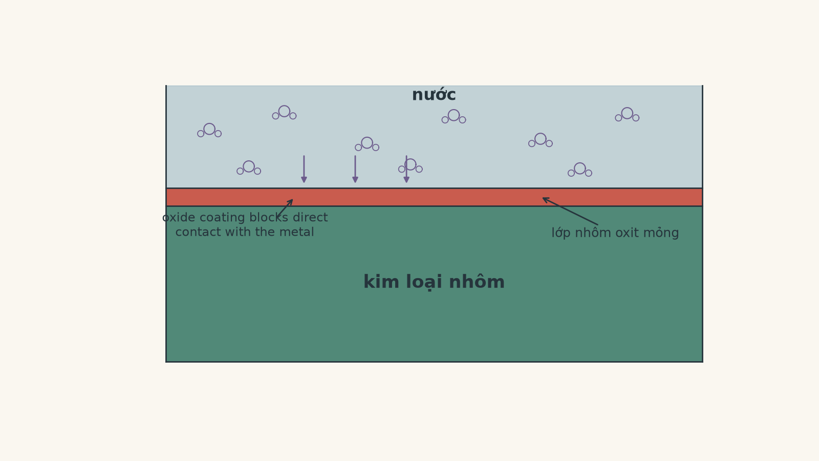Mặt cắt cho thấy nước nằm phía trên một lớp nhôm oxit mỏng bao phủ phần kim loại nhôm bên dưới.