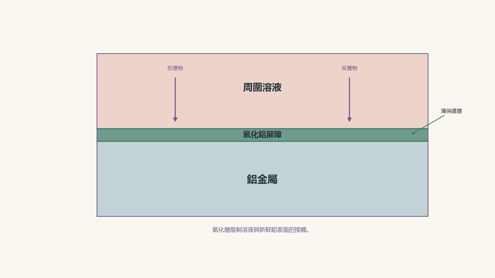 剖面图显示铝金属位于一层薄薄的氧化铝之下,周围溶液位于这层保护性氧化物屏障的上方。