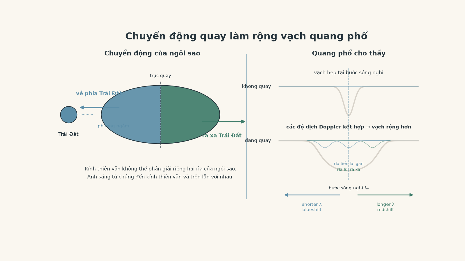 Sơ đồ một ngôi sao quay không được phân giải, cho thấy một rìa chuyển động về phía Trái Đất và rìa đối diện chuyển động ra xa, với một vạch quang phổ nghỉ hẹp được so sánh với một vạch rộng hơn do các độ dịch Doppler kết hợp tạo ra.